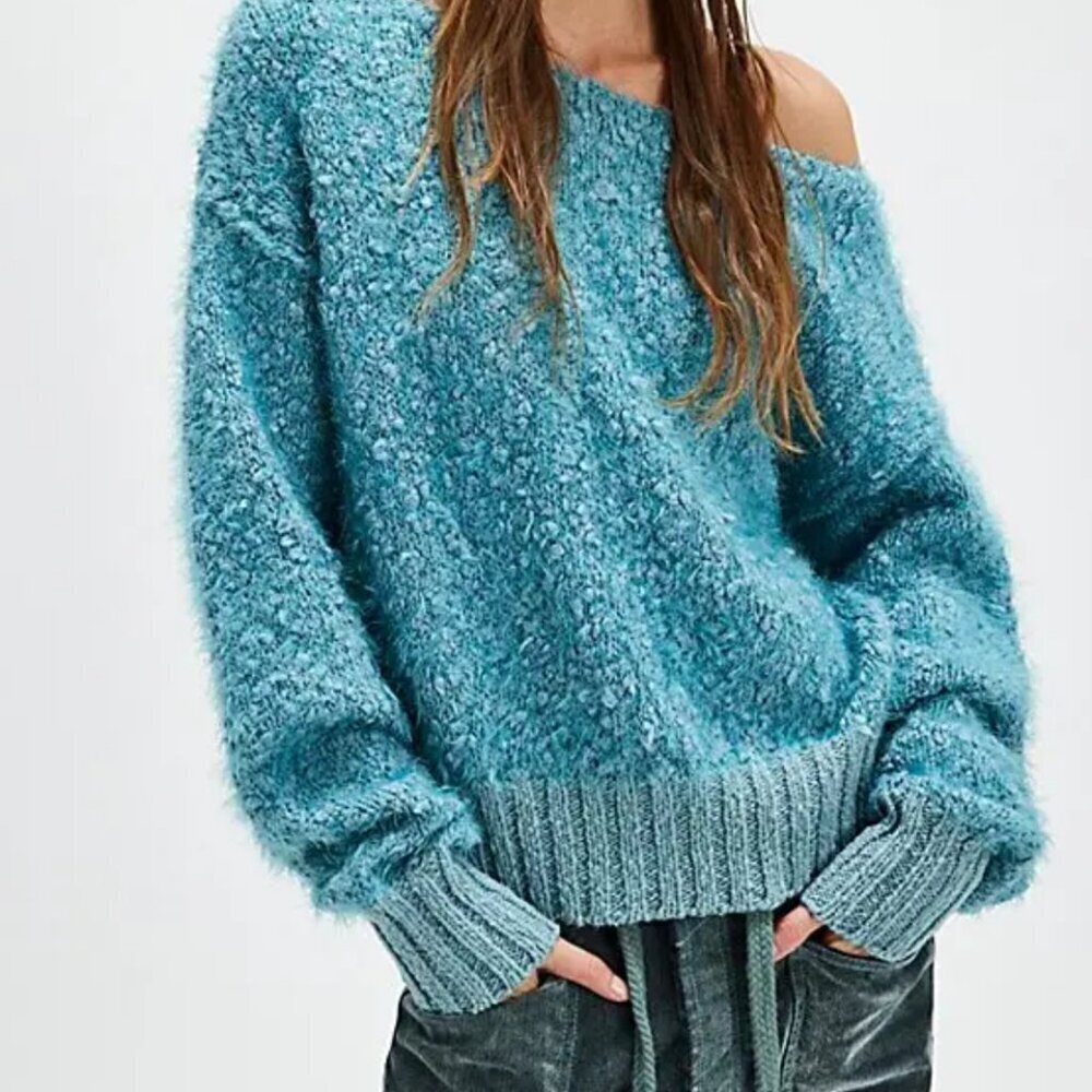 NWT Free People Carmen Pullover Sweater in Tourmaline Teal Combo